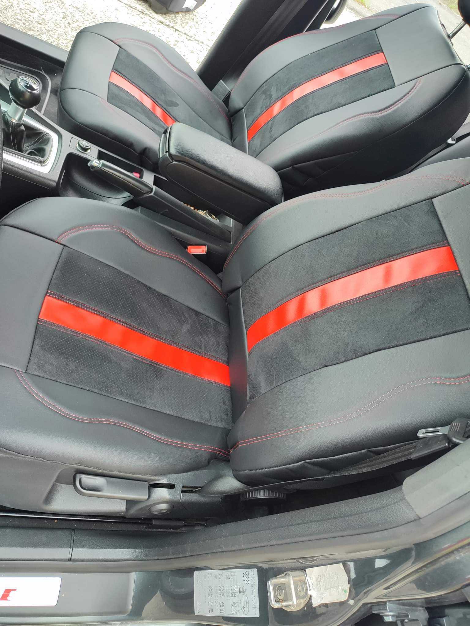 Huse scaune LUXURY perforat alcantara și piele ecologică – linie roșie - obrazek 5