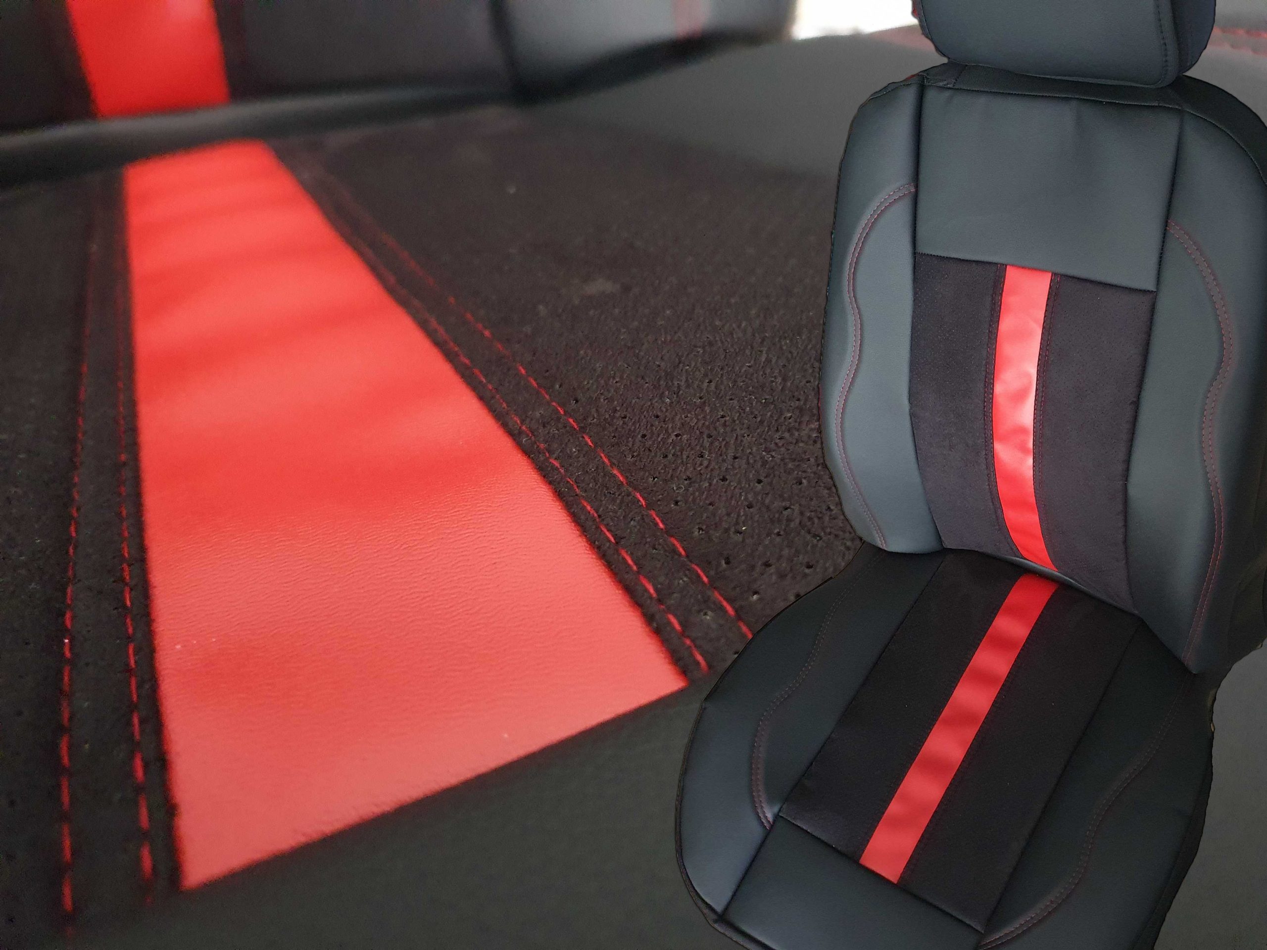 Huse scaune LUXURY perforat alcantara și piele ecologică – linie roșie - obrazek 7